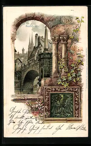 Passepartout-Lithographie Nürnberg, Ansicht der Karlsbrücke, Wappen