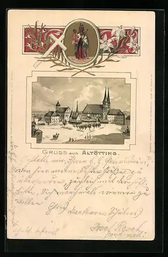 Passepartout-Lithographie Altötting, Blick über den Marktplatz