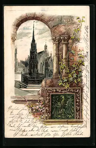 Passepartout-Lithographie Nürnberg, Schöner Brunnen, Wappen