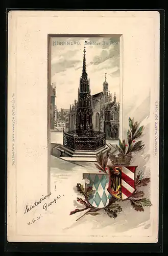 Passepartout-Lithographie Nürnberg, Schöner Brunnen und Wappen