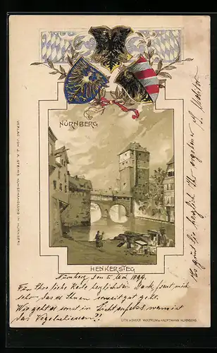 Passepartout-Lithographie Nürnberg, Flusspartie am Henkersteig, Wappen