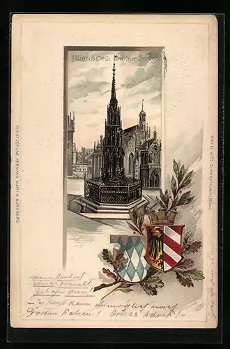 Passepartout-Lithographie Nürnberg, Schöner Brunnen und Wappen