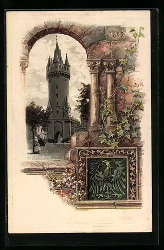 Passepartout-Lithographie Frankfurt a / M., Eschenheimer Turm, Wappen