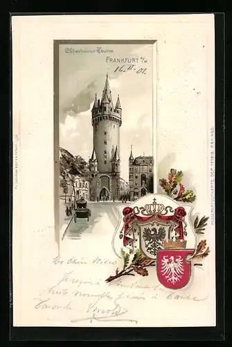 Passepartout-Lithographie Frankfurt /Main, Strassenpartie am Eschenheimer Thurm, Wappen