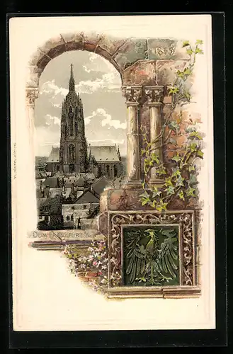 Passepartout-Lithographie Alt-Frankfurt, Dom m. geprägter Mauer und Reichsadler