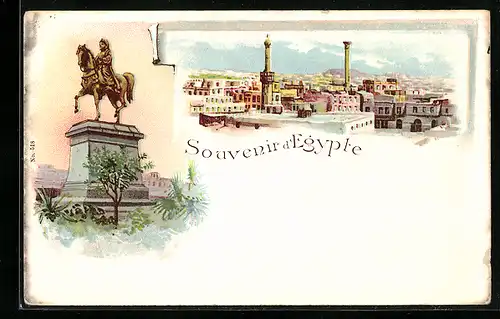 Lithographie Ägypten, Denkmal und Blick auf die Stadt