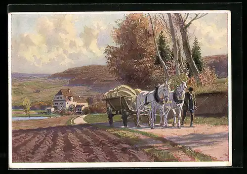 Künstler-AK Paul Hey: Bauer mit dem Pferdefuhrwerk auf dem Heimweg, Die Mühle