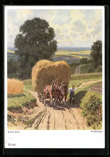 Künstler-AK P. Hey: Aus der Heimat, Erntewagen, Bauer mit Pferdeheuwagen
