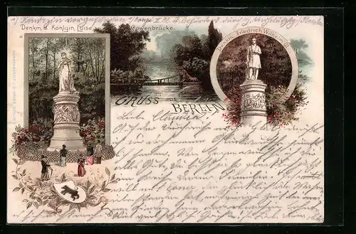 Lithographie Berlin-Tiergarten, Denkmal Königin Luise, Löwenbrücke, Denkmal Friedrich Wilhelm III.