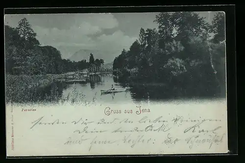 Mondschein-AK Jena, Paradies, Seepartie mit Ruderboot