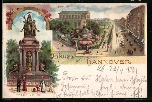 Lithographie Hannover, Kriegerdenkmal, Hoftheater und Café Kröpcke