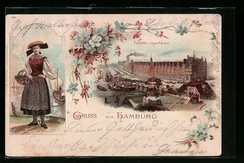 Lithographie Hamburg, Lagerhäuser im Freihafen, Junge Frau in Tracht