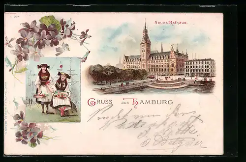 Lithographie Hamburg, Neues Rathaus, Mädchen in Tracht