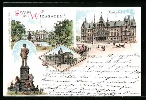 Lithographie Wiesbaden, Bismarck-Denkmal, Kochbrunnen und Rathaus