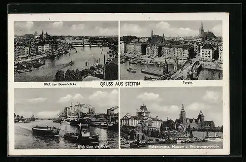 AK Stettin, Blick zur Baumbrücke, Totalansicht, Blick über die Oder, Hakenterrasse, Museum u. Regierungsgebäude