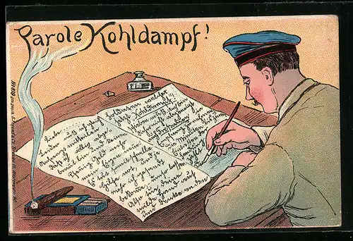 Künstler-AK Soldat schreibt Bettelbrief an zu Hause - Parole Kohldampf !