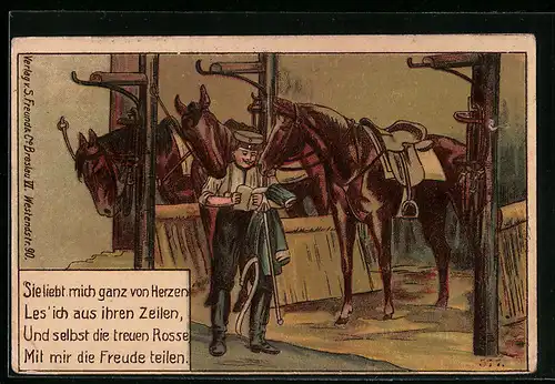 AK Soldat im Pferdestall liest Brief von seiner Liebsten, 1. Weltkrieg