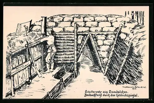 Künstler-AK sign. Schellmann: Schulterwehr aus Sandsäcken, Beobachtung durch den Geländespiegel
