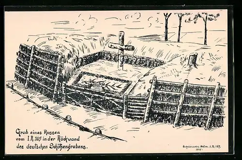 Künstler-AK sign. Schellmann: Grab eines Russen vom I. R. 105 in der Rückwand des deutschen Schützengrabens