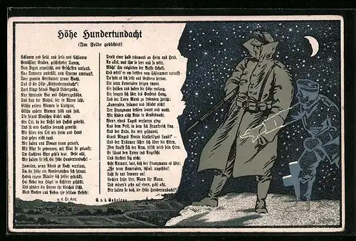 AK Soldat auf Wacht mit Gedicht Höhe Hundertundacht-im Felde gedichtet, Propaganda 1. Weltkrieg