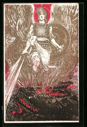 Künstler-AK Soldat geht durchs Feuer, Propaganda 1. Weltkrieg