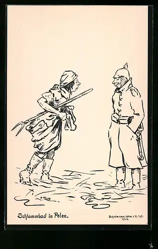 Künstler-AK sign.Schellmann: Schlammbad in Polen, Frau spricht zu Soldaten