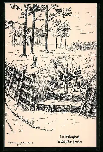 Künstler-AK sign.Schellmann: Ein Heldengrab im Schützengraben
