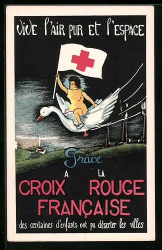 AK Kleinkind auf fliegender Gans mit Rotes Kreuz-Fahne