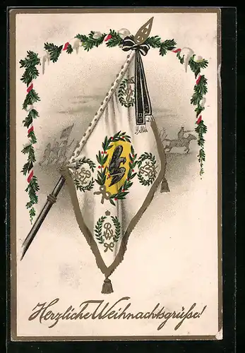 AK Herzliche Weihnachtsgrüsse, Verzierte Fahne mit Adler