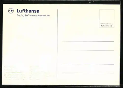 AK Flugzeug Boeing 707 Intercontinental Jet der Lufthansa im Flug