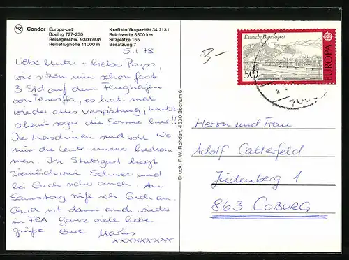 AK Flugzeug Boeing 727-230 Europa Jet von Condor über den Wolken