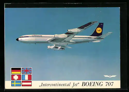 AK Flugzeug Boeing 707 Intercontinental-Jet von Lufthansa im Flug