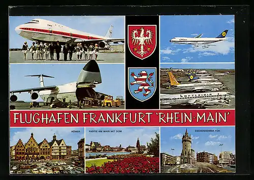 AK Frankfurt /Main, Flughafen Rhein-Main in vier Ansichten, Römer, Partie am Main mit Dom, Eschenheimer Tor