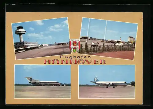 AK Hannover, Vier Ansichten vom Flughafen mit Wappen