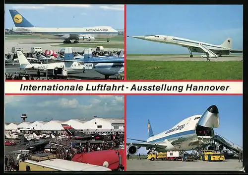 AK Hannover, Internationale Luftfahrt-Ausstellung, Flughafen in vier Ansichten
