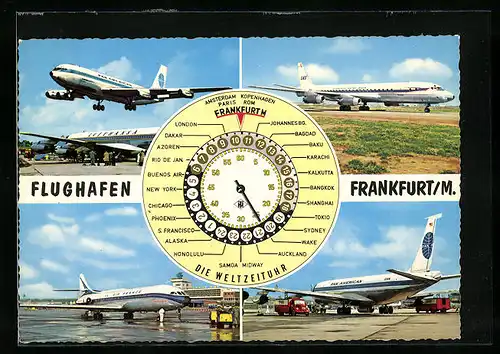 AK Frankfurt /Main, Vier Ansichten vom Flughafen Rhein-Main mit Weltzeituhr