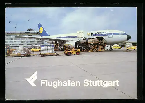 AK Stuttgart, Flughafen mit Abfertigung einer Lufthansa-Maschine