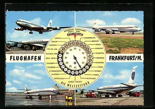 AK Frankfurt /Main, Vier Ansichten vom Flughafen mit Weltzeituhr