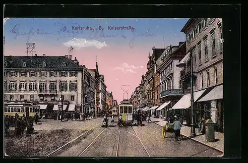 AK Karlsruhe, Strassenbahn in der Kaiserstrasse