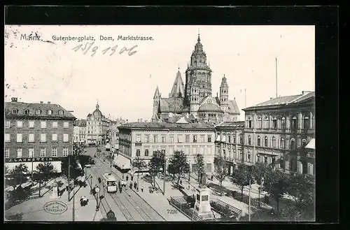 AK Mainz, Strassenbahn am Gutenbergplatz, Dom und Marktstrasse