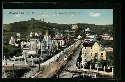 AK Barcelona, Vista panoramica de la Avenida del Tibidabo, Strassenbahn