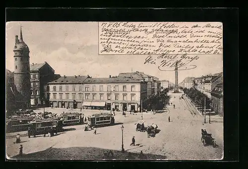 AK Darmstadt, Strassenbahn am Ernst-Ludwigsplatz