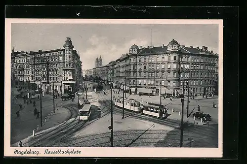 AK Magdeburg, Strassenbahn am Hasselbachplatz