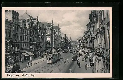 AK Magdeburg, Breiter Weg mit Strassenbahn