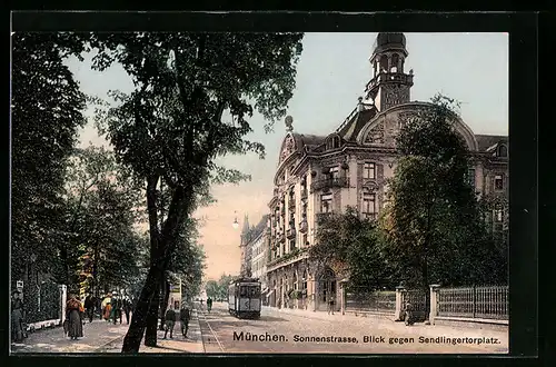 AK München, Strassenbahn in der Sonnenstrasse, Blick gegen Sendlingertorplatz