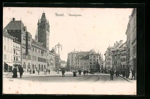 AK Basel, Strassenbahn auf dem Marktplatz