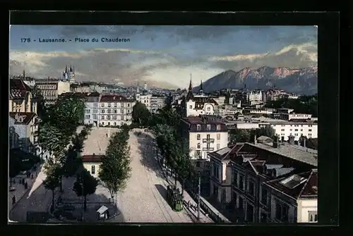 AK Lausanne, Place du Chauderon, Strassenbahn