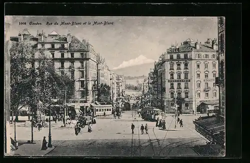 AK Genève, Rue du Mont-Blanc et le Mont-Blanc, Strassenbahn