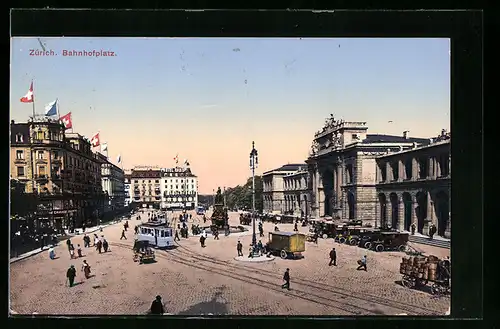AK Zürich, Bahnhofplatz mit Strassenbahn