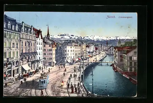AK Zürich, Strassenbahn am Limmatquai